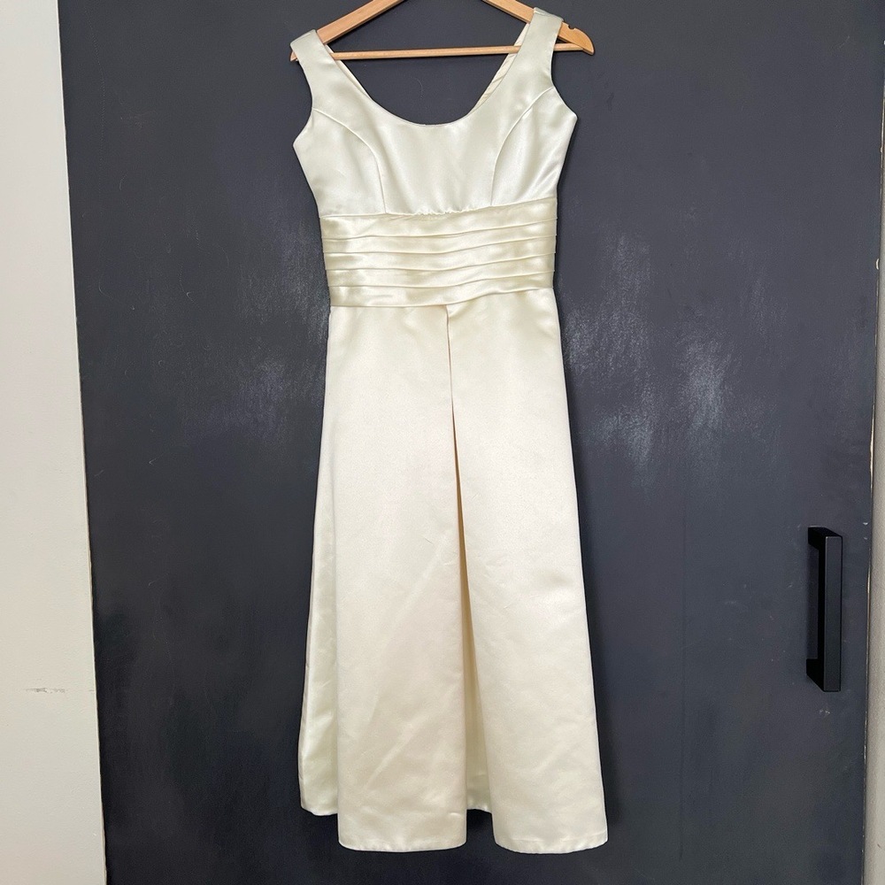 Womens Bridal Gown Cream Tea Length Satin Pleated Waist Elegant Minimalist Luxe - Picture 2 of 16